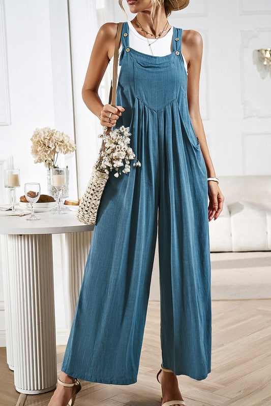 Solid Wide Leg Pocketed Shoulder Tie Overalls