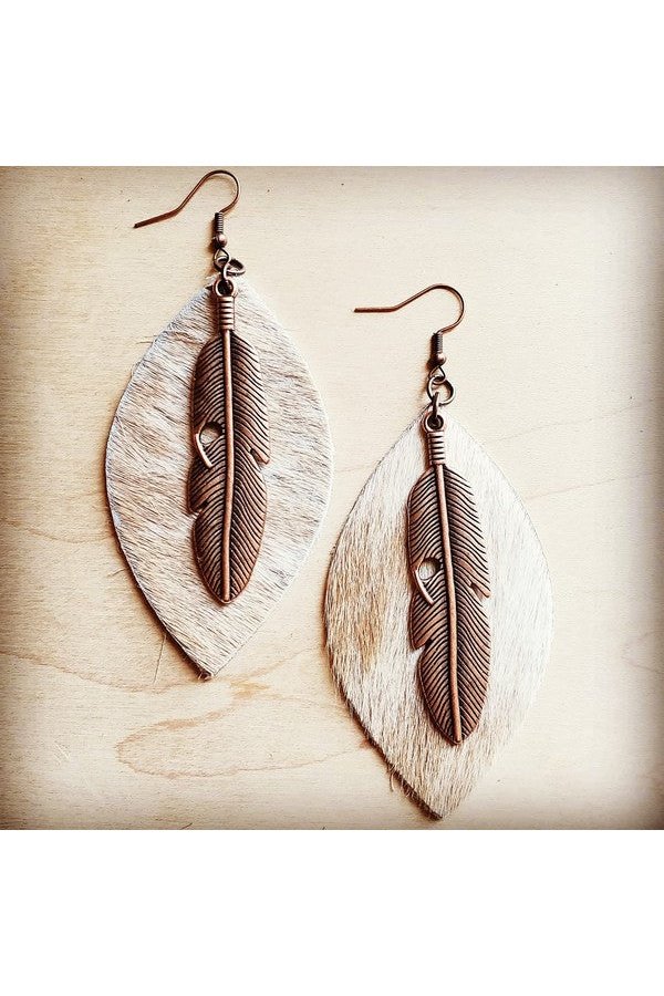 Leather Oval Earrings in Hair with Copper Feather