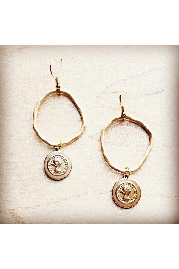 Matte Gold Hoop Earrings with Coin Dangle