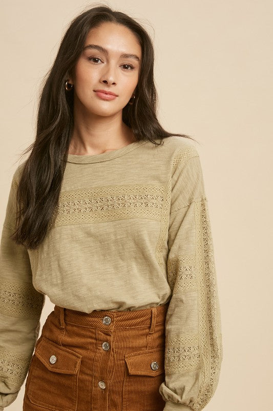 GARMENT WASHED LACE INSET LONG SLEEVE TOP