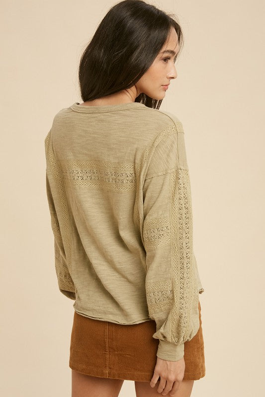 GARMENT WASHED LACE INSET LONG SLEEVE TOP