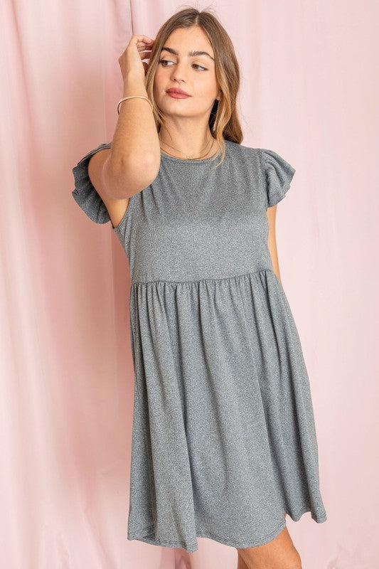 Plus Solid Ruffle Cap Sleeve Midi Dress