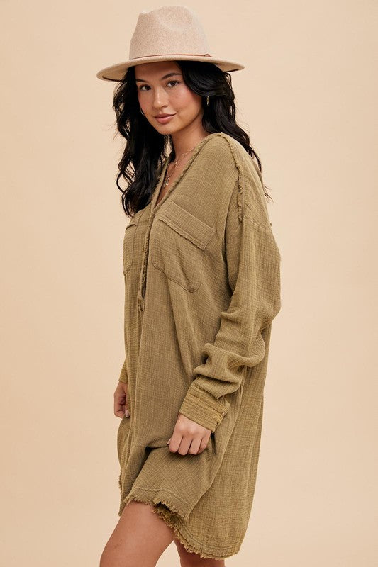 MINERAL WASHED COTTON MUSLIN SHIRT DRESS