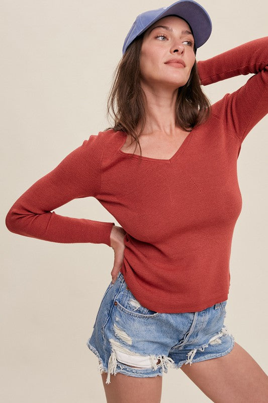 Slim Fit V-neck Long Sleeve Ribbed Sweater Top