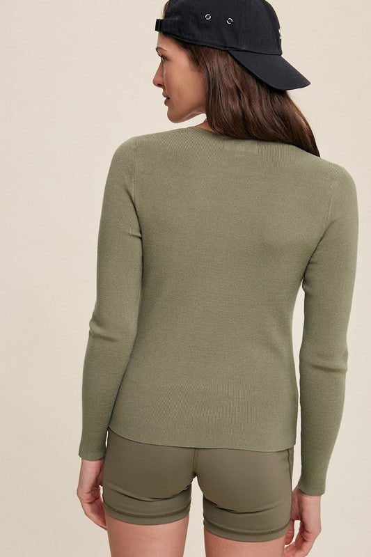 Slim Fit V-neck Long Sleeve Ribbed Sweater Top