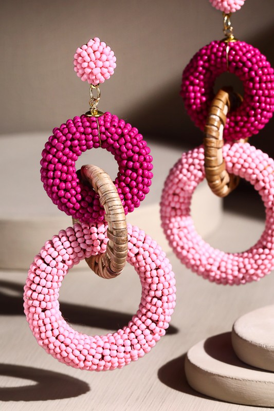 Wood & Seed Bead Dangle Earrings Pink
