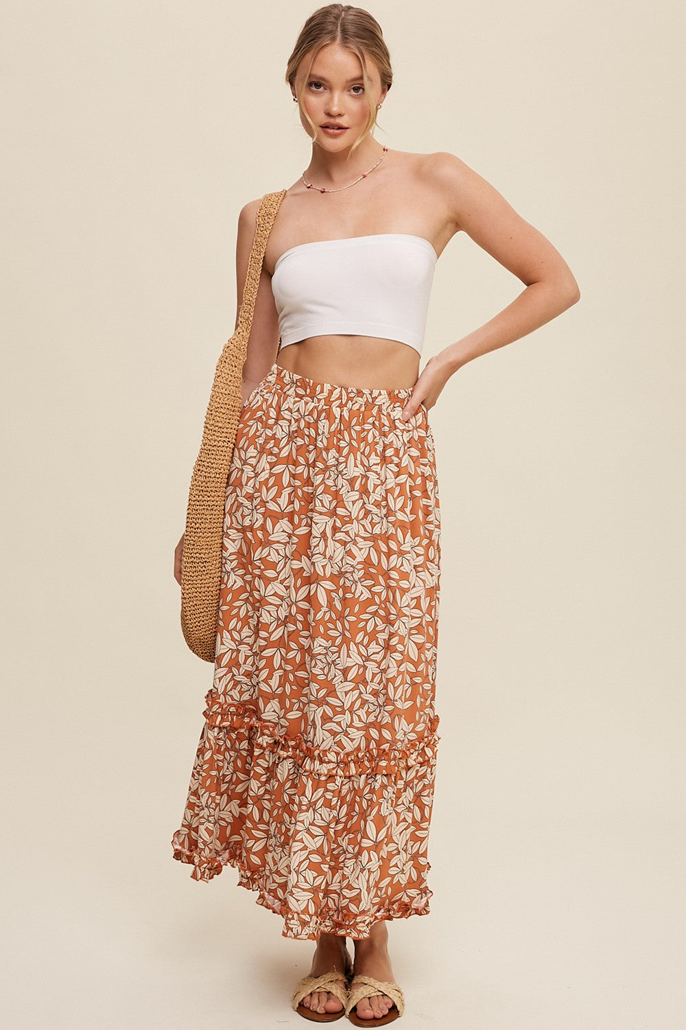 Leaf Print Ruffle Detail Maxi Skirt