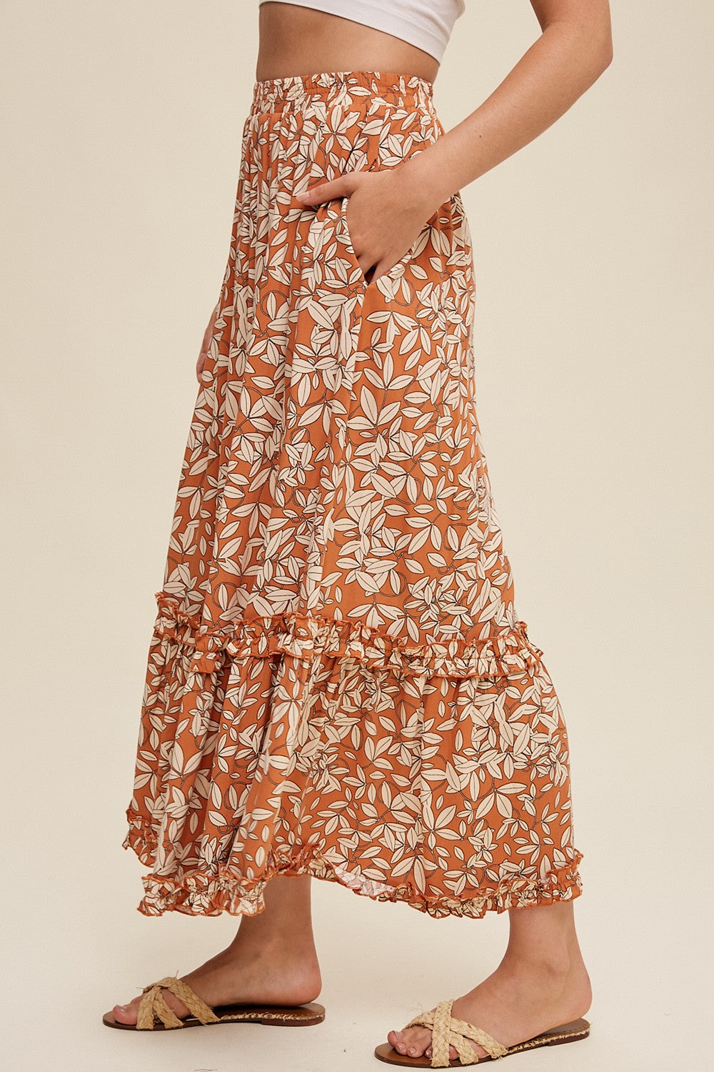 Leaf Print Ruffle Detail Maxi Skirt