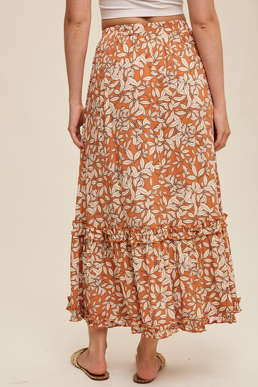 Leaf Print Ruffle Detail Maxi Skirt