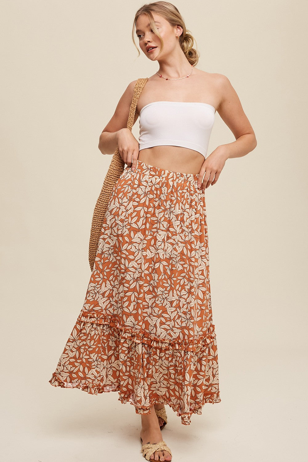 Leaf Print Ruffle Detail Maxi Skirt