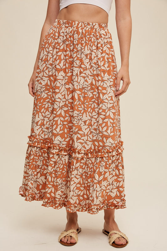 Leaf Print Ruffle Detail Maxi Skirt