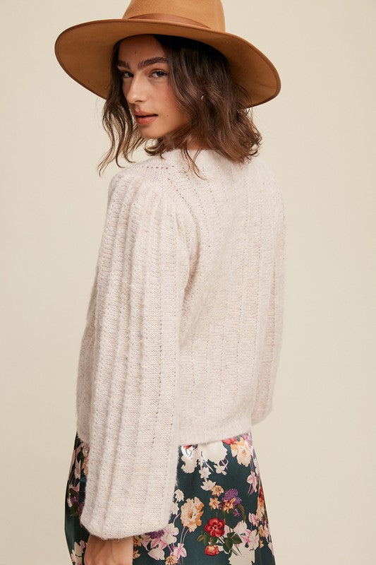 Puff Sleeve Button Down Knit Cardigan