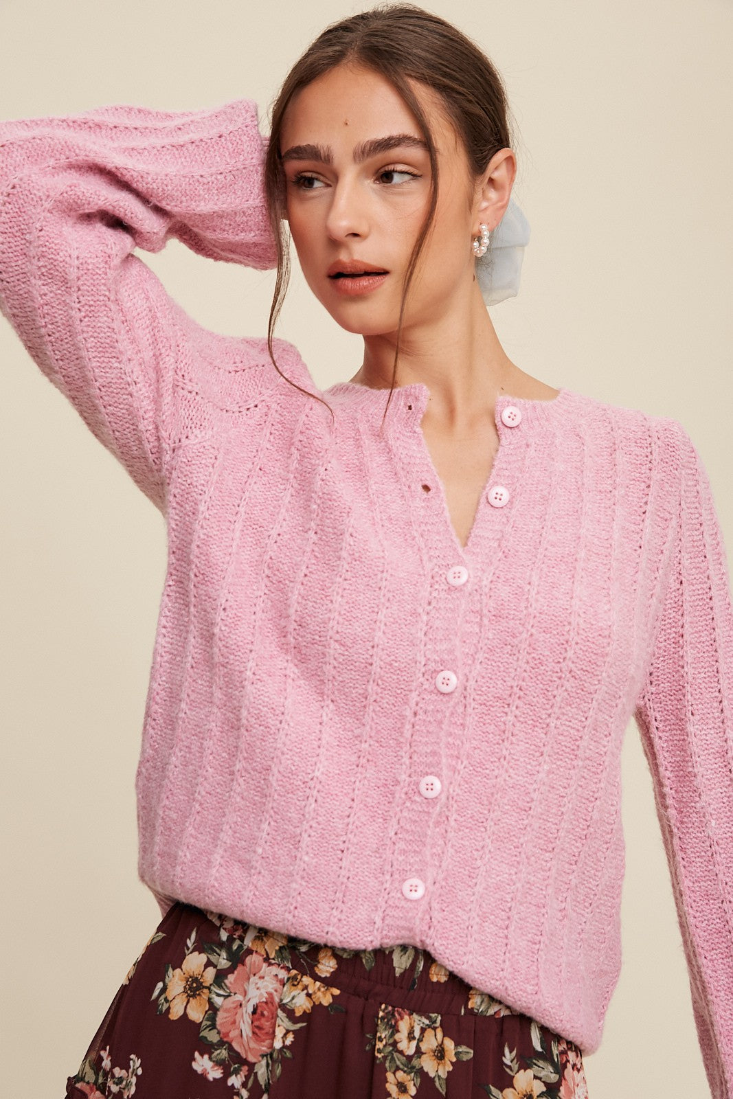 Puff Sleeve Button Down Knit Cardigan