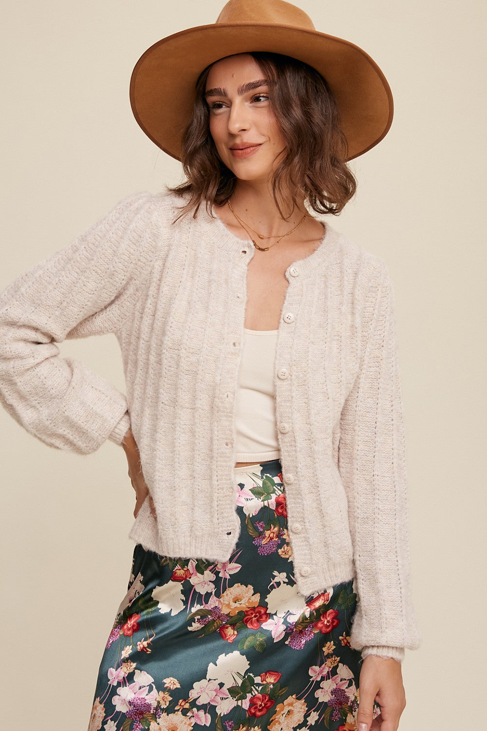 Puff Sleeve Button Down Knit Cardigan