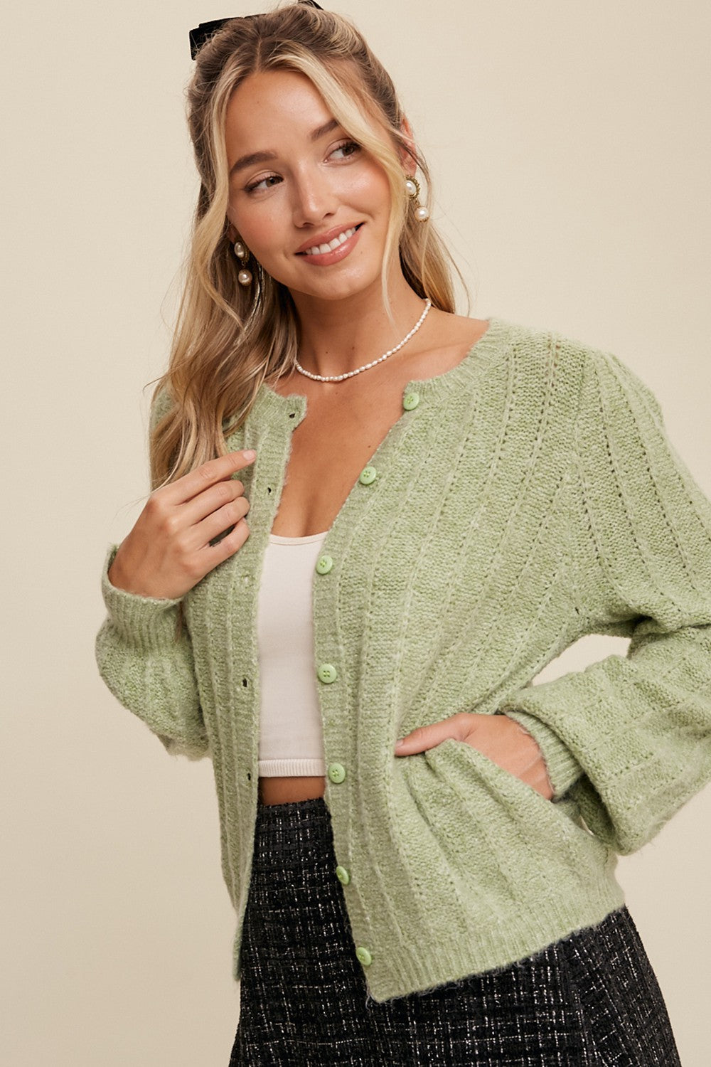 Puff Sleeve Button Down Knit Cardigan