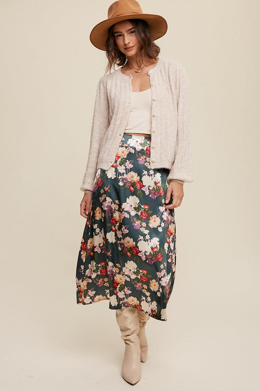 Floral Print Satin Midi Skirt