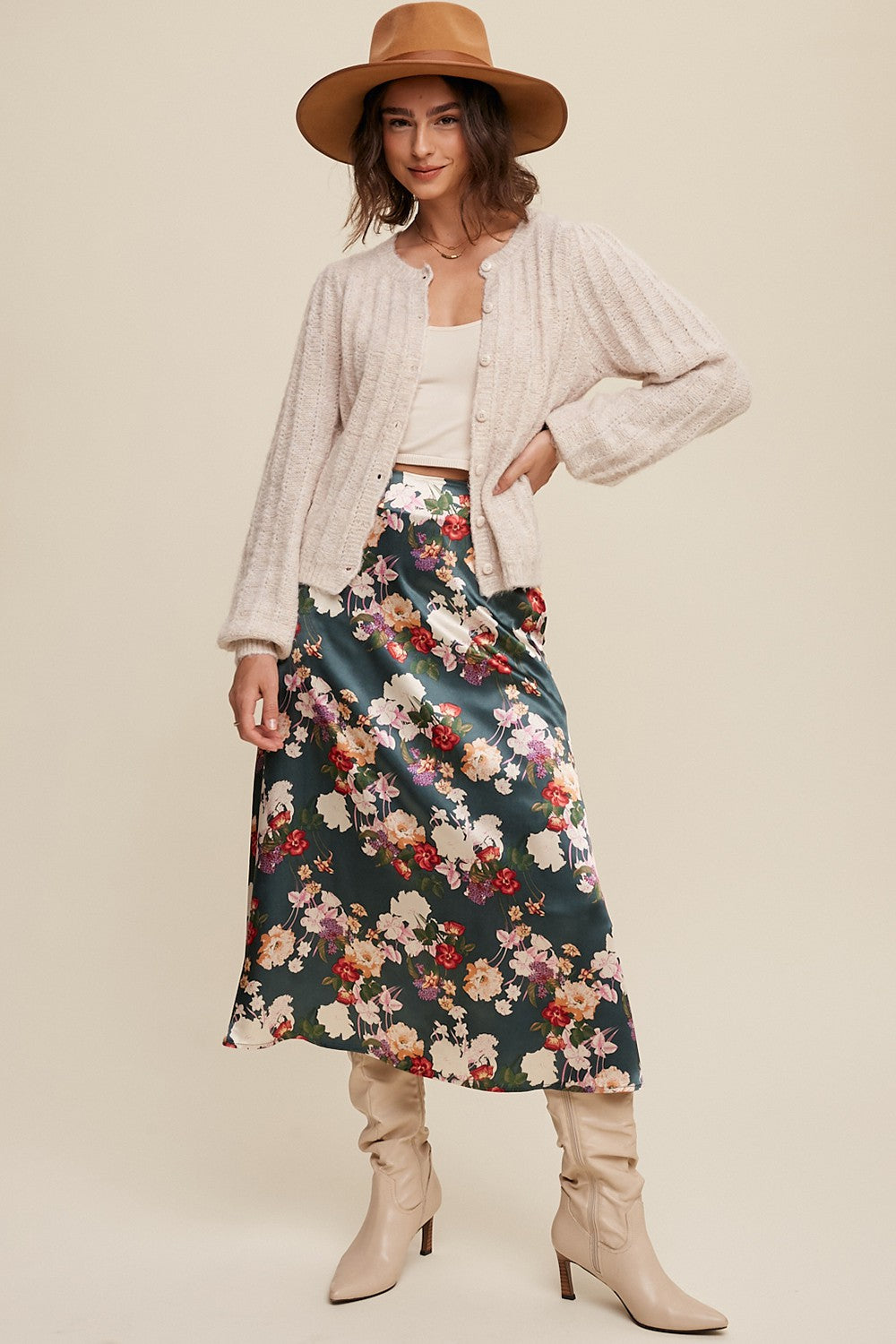 Floral Print Satin Midi Skirt