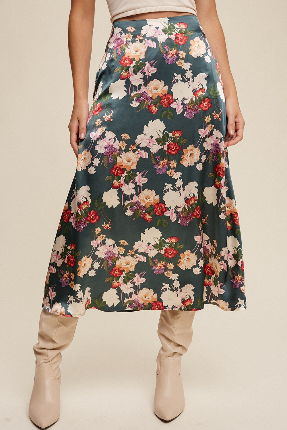 Floral Print Satin Midi Skirt