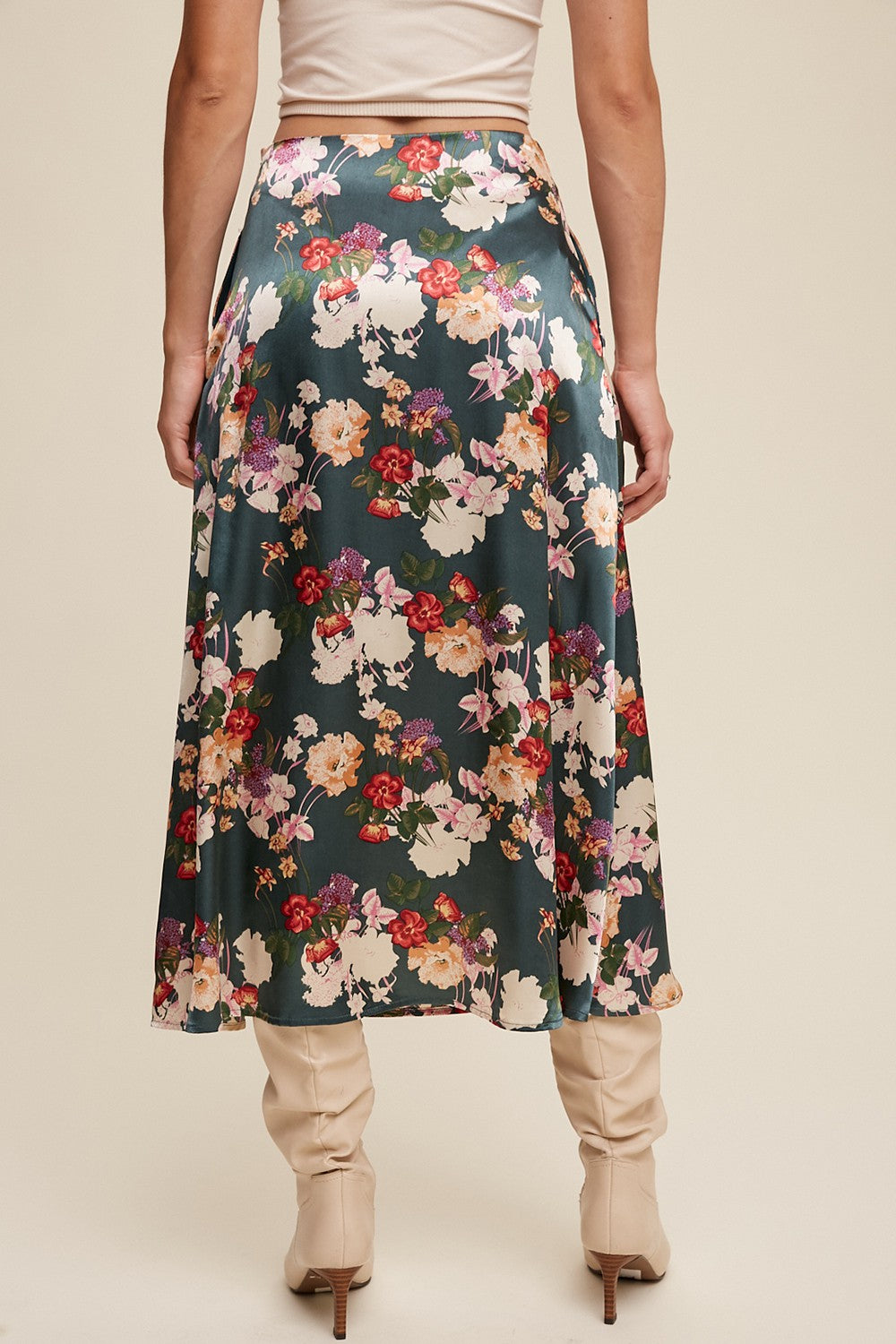 Floral Print Satin Midi Skirt