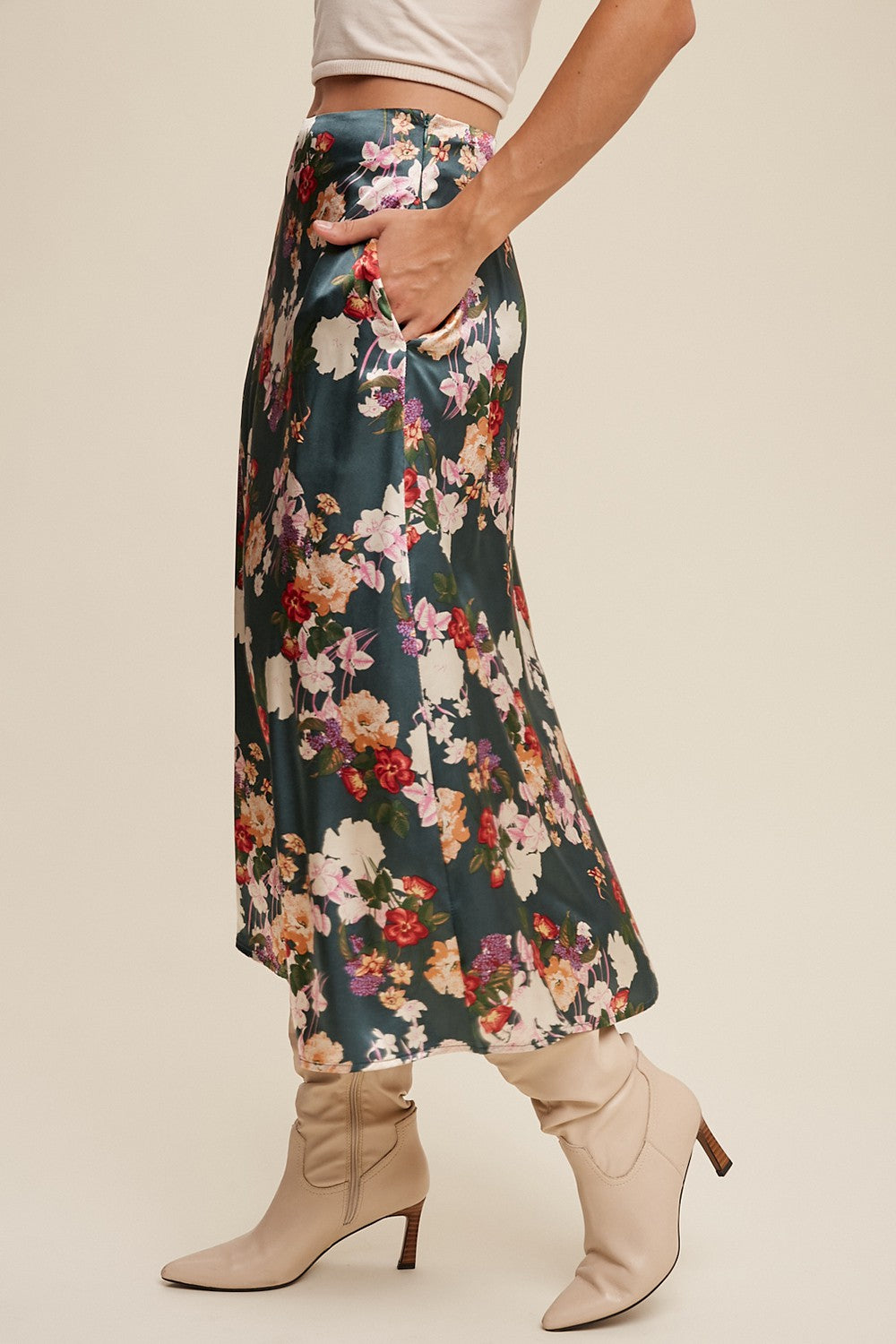 Floral Print Satin Midi Skirt