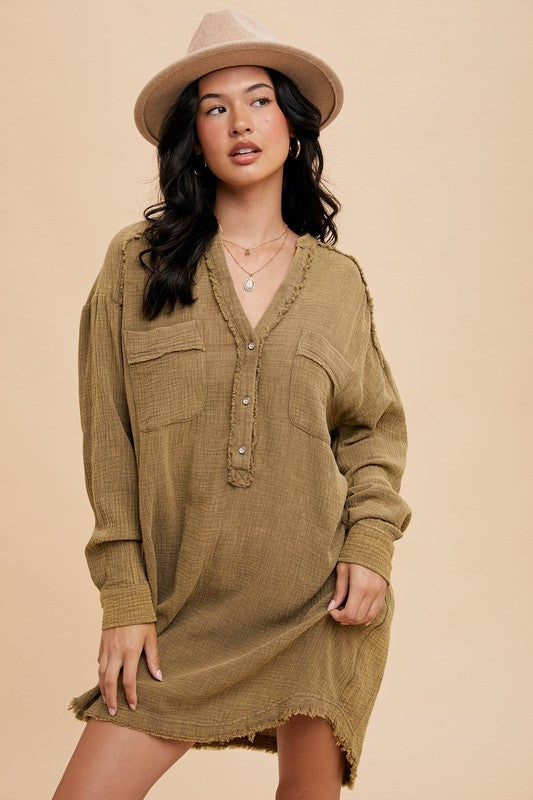 MINERAL WASHED COTTON MUSLIN SHIRT DRESS