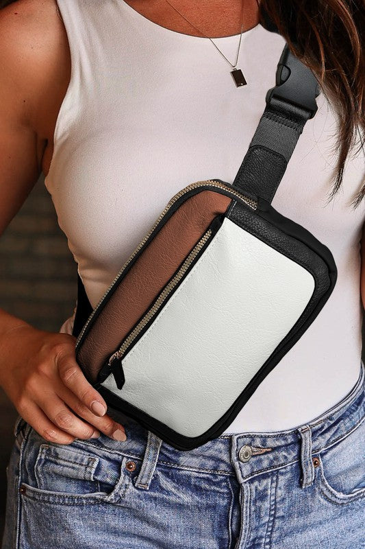 Leather Colorblock Zipped Clip Crossbody Bag