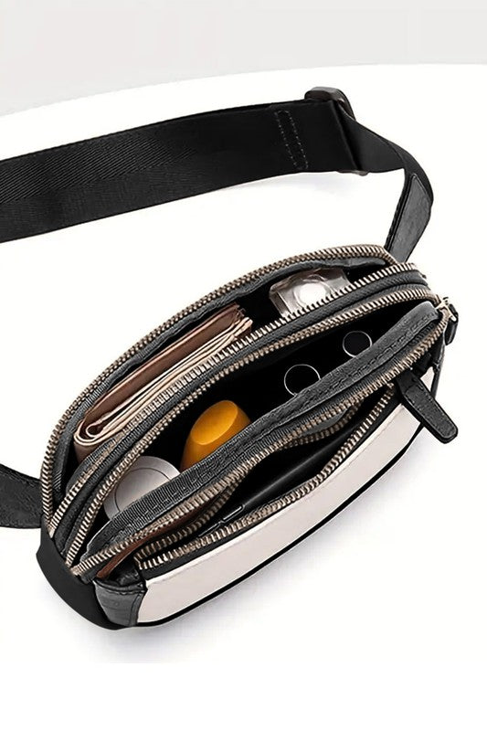 Leather Colorblock Zipped Clip Crossbody Bag