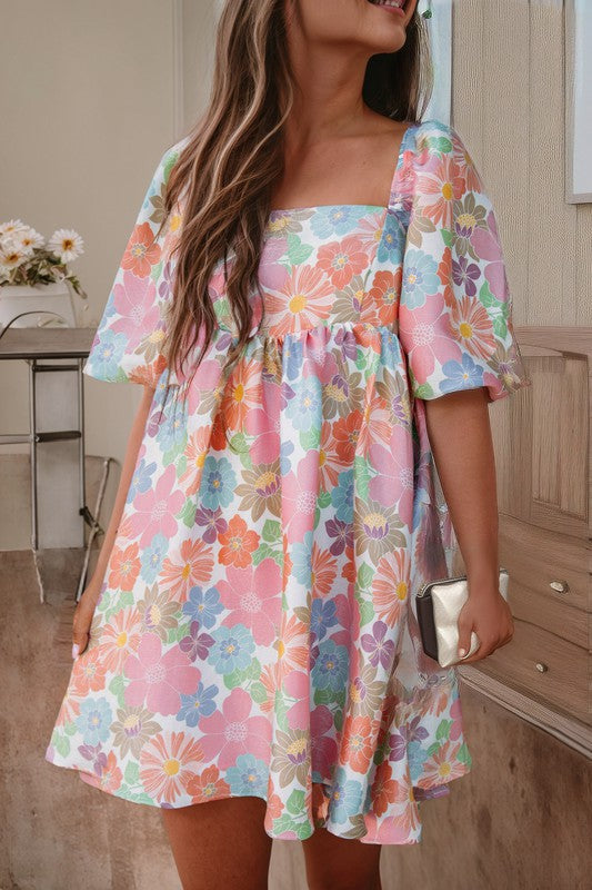 Pink Floral Square Neck Puff Sleeve Babydoll Dress