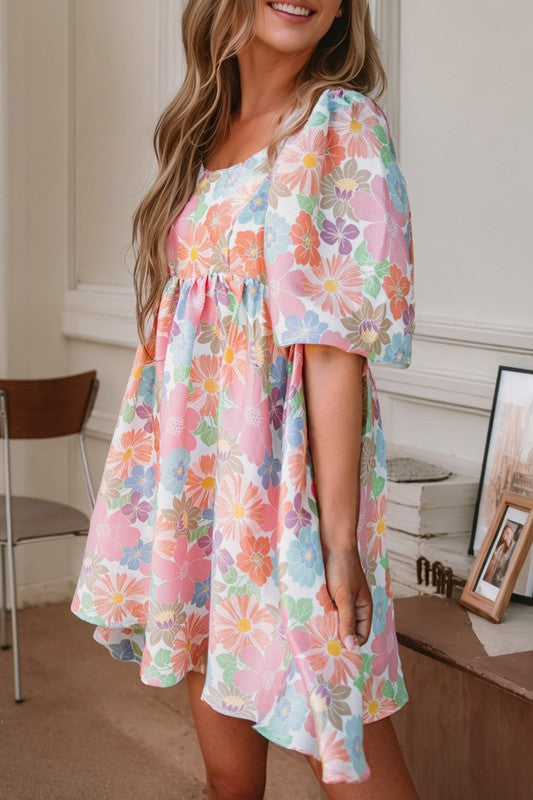 Pink Floral Square Neck Puff Sleeve Babydoll Dress