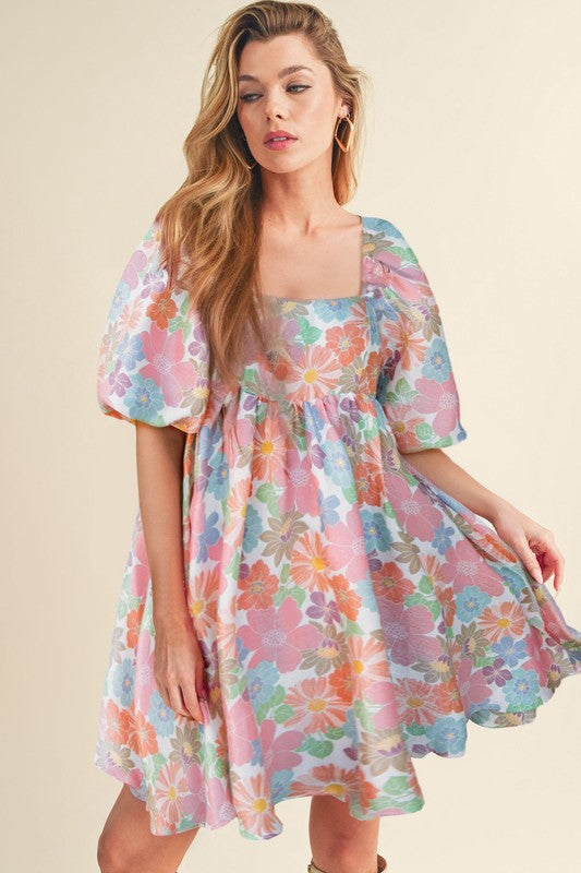 Pink Floral Square Neck Puff Sleeve Babydoll Dress