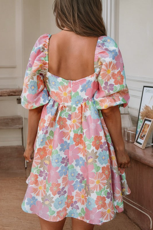 Pink Floral Square Neck Puff Sleeve Babydoll Dress