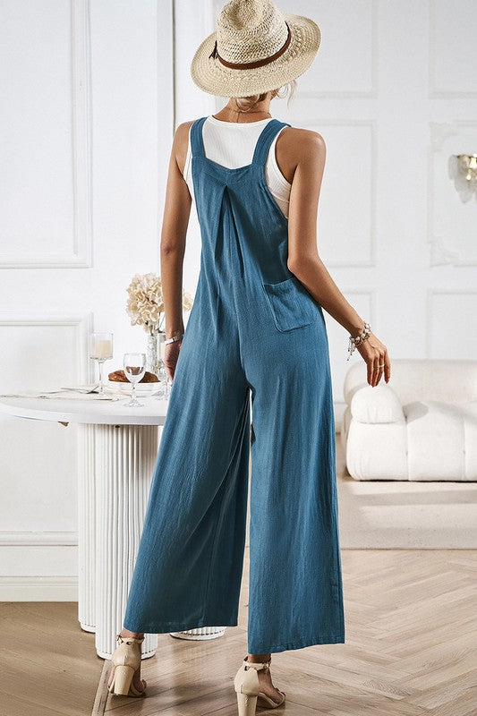 Solid Wide Leg Pocketed Shoulder Tie Overalls