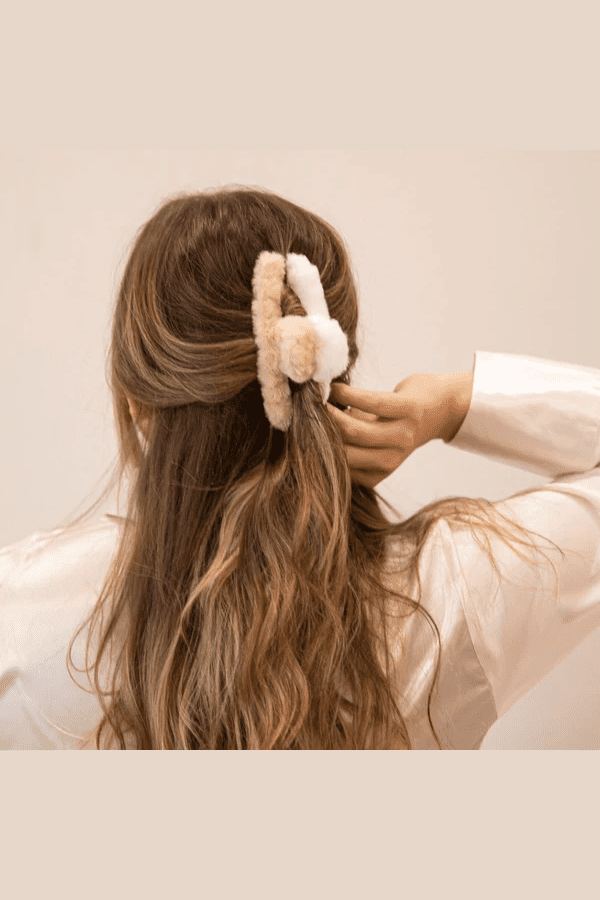 Headbands of Hope FUZZY LOOPED CLIP - TAUPE + WHITE