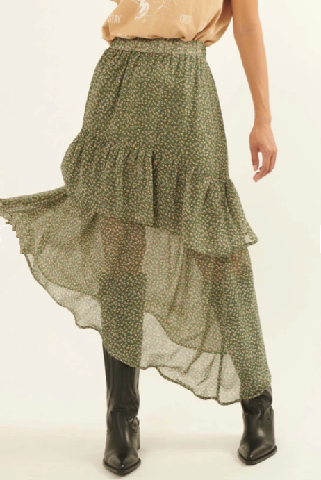 PROMESA Prairie Song Tiered Floral Chiffon Maxi Skirt