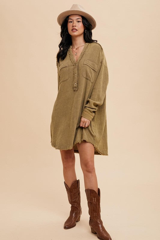 MINERAL WASHED COTTON MUSLIN SHIRT DRESS