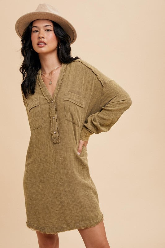 MINERAL WASHED COTTON MUSLIN SHIRT DRESS