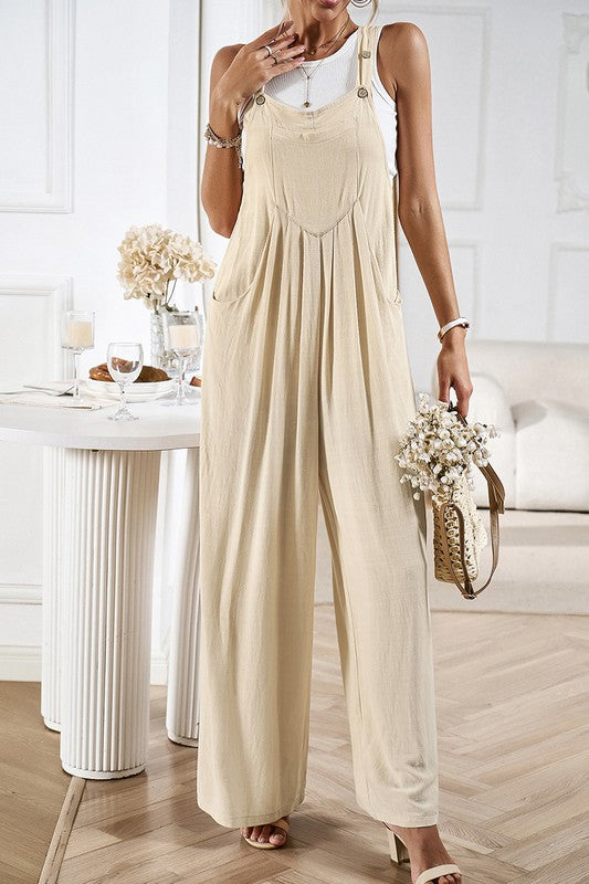 Solid Wide Leg Pocketed Shoulder Tie Overalls