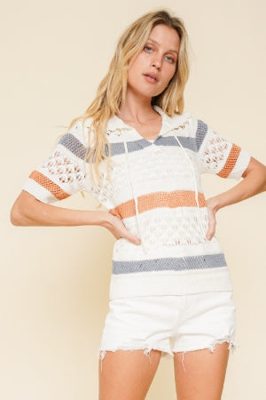 31909W Hem & Thread Color Block Open Crochet Sweater Top Tops