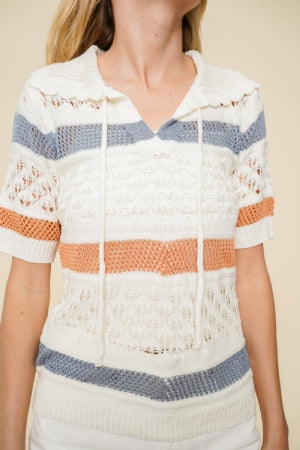 31909W Hem & Thread Color Block Open Crochet Sweater Top Tops