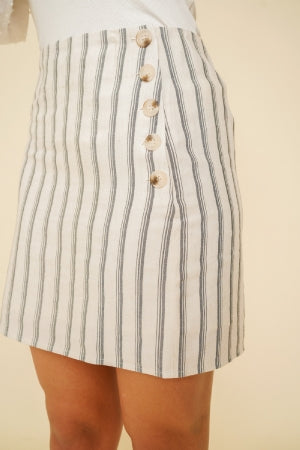 31864W Hem & Thread Side Button Detailed Linen Stripe Mini Skirt Dresses, Skirts, Jumpsuits