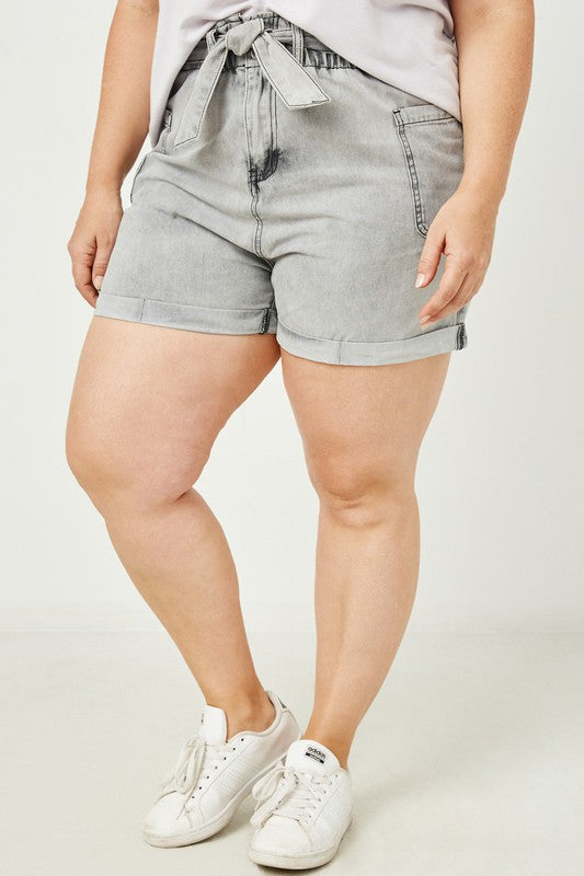 HY2566W Hayden Plus Belted Washed Denim Shorts 