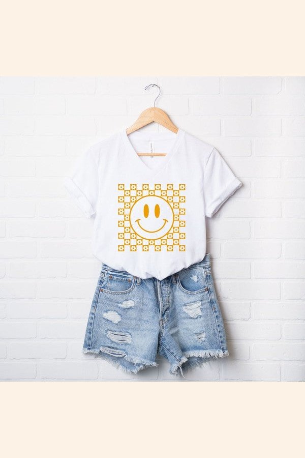 Mustard Smiley Flowers Short Sleeve V Neck Tee