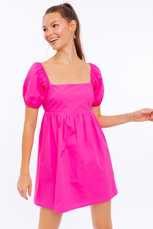 SHORT SLEEVE BACK TIE DETAIL BABYDOLL DRESS