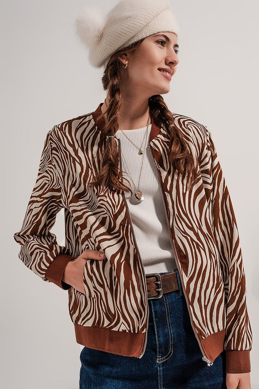 Q2 Zebra Print Short Bomber Jacket In Brown