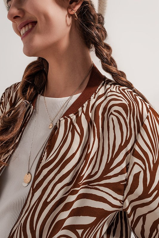 1116023 Q2 Zebra Print Short Bomber Jacket In Brown Jackets