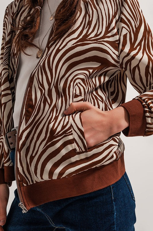 1116023 Q2 Zebra Print Short Bomber Jacket In Brown Jackets