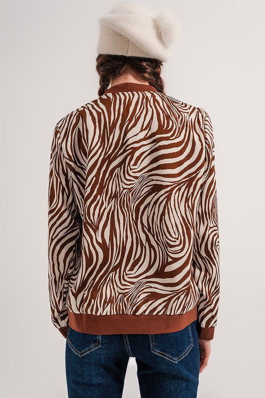 1116023 Q2 Zebra Print Short Bomber Jacket In Brown Jackets