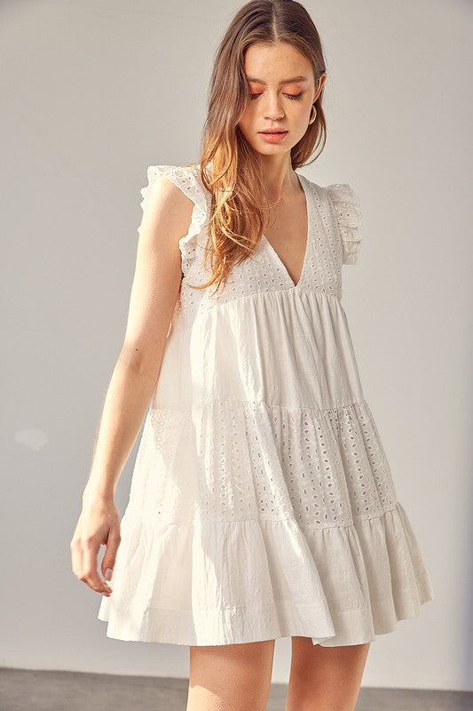 V NECK EYELET DRESS