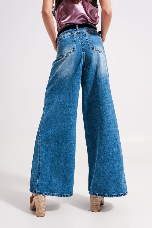 3141608 Q2 Wide Leg Jeans In Midwash Blue Pants & Shorts