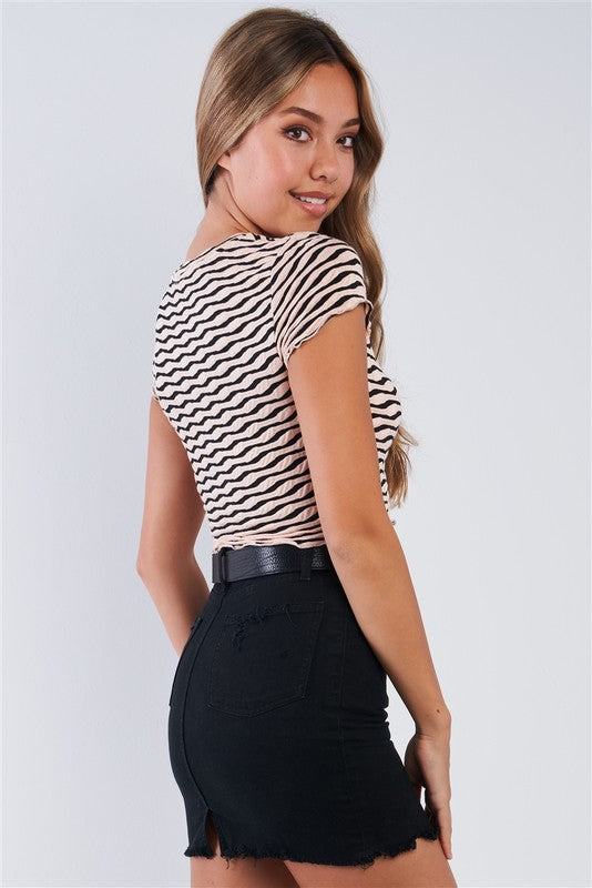 Textured Retro Striped Ruffled Hem Crop Tee